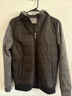urban pipeline Black Quilted Jacket with Gray Knit Sleeves and Hood
